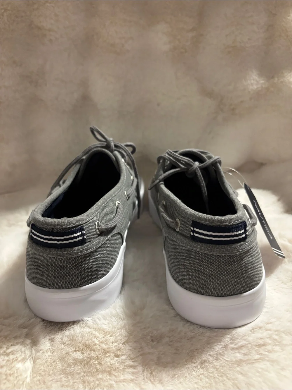 Nautica Men's Gray Canvas Lace-Up Boat Shoes with White Sole